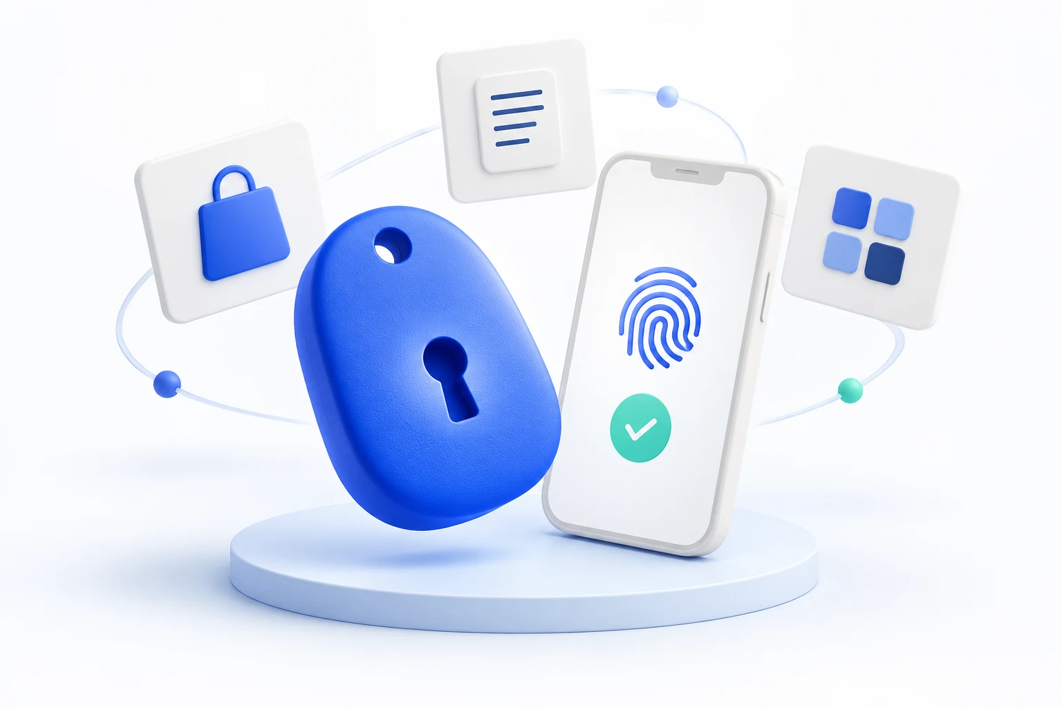 Symbolische Illustration eines Passkeys und eines Smartphones vor verbundenen Anwendungen